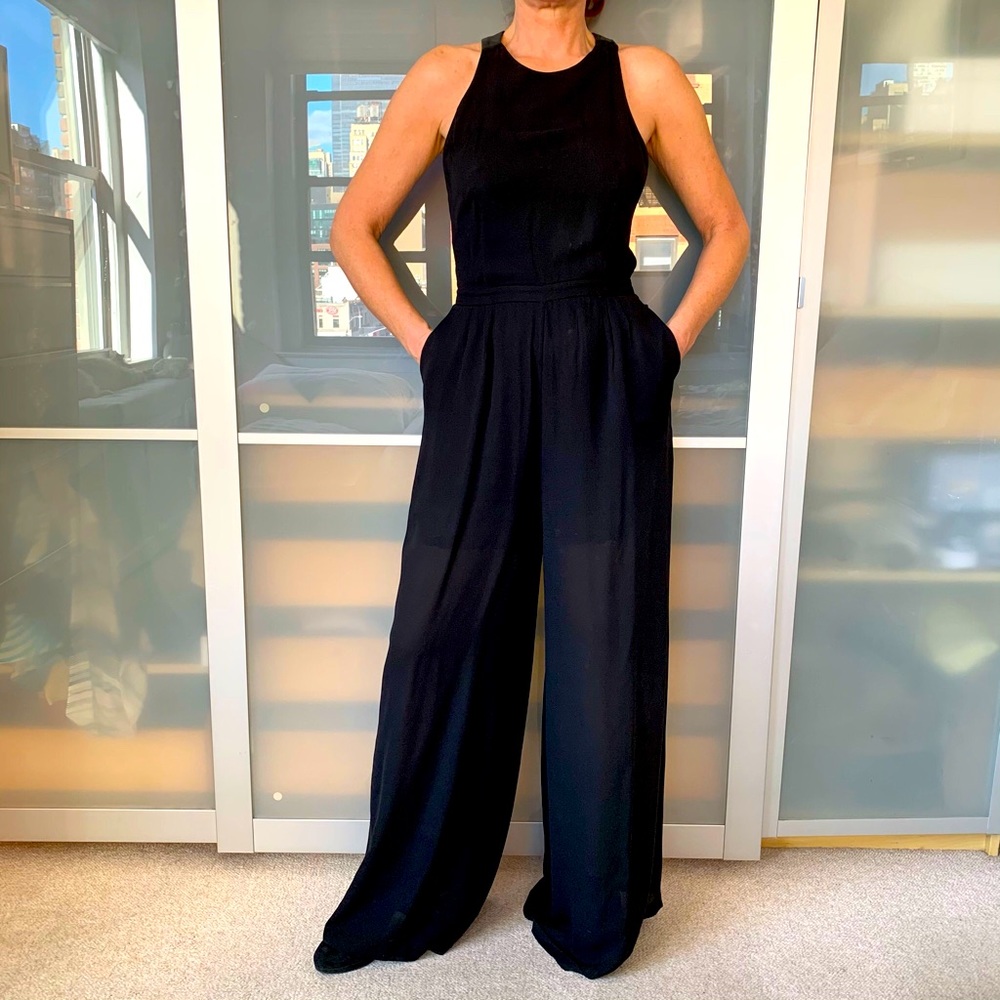 Fleur du Mal black chiffon and leather jumpsuit